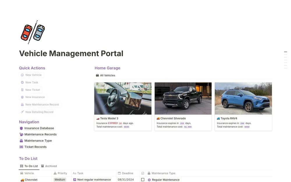 Vehicle Management Portal Notion template preview