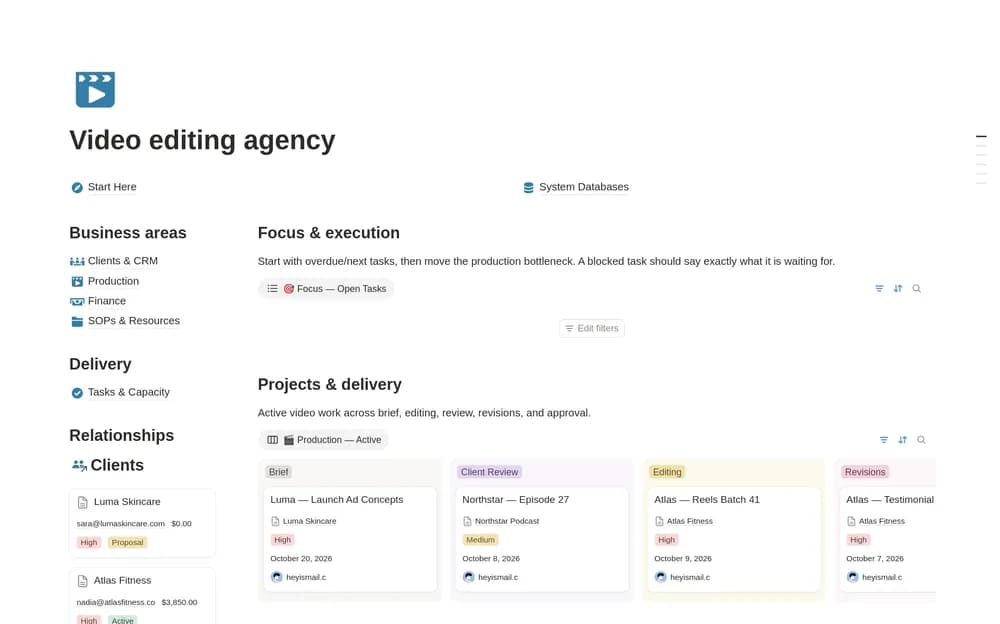 Video Editing Agency OS — CRM, Projects & Invoices Notion template preview