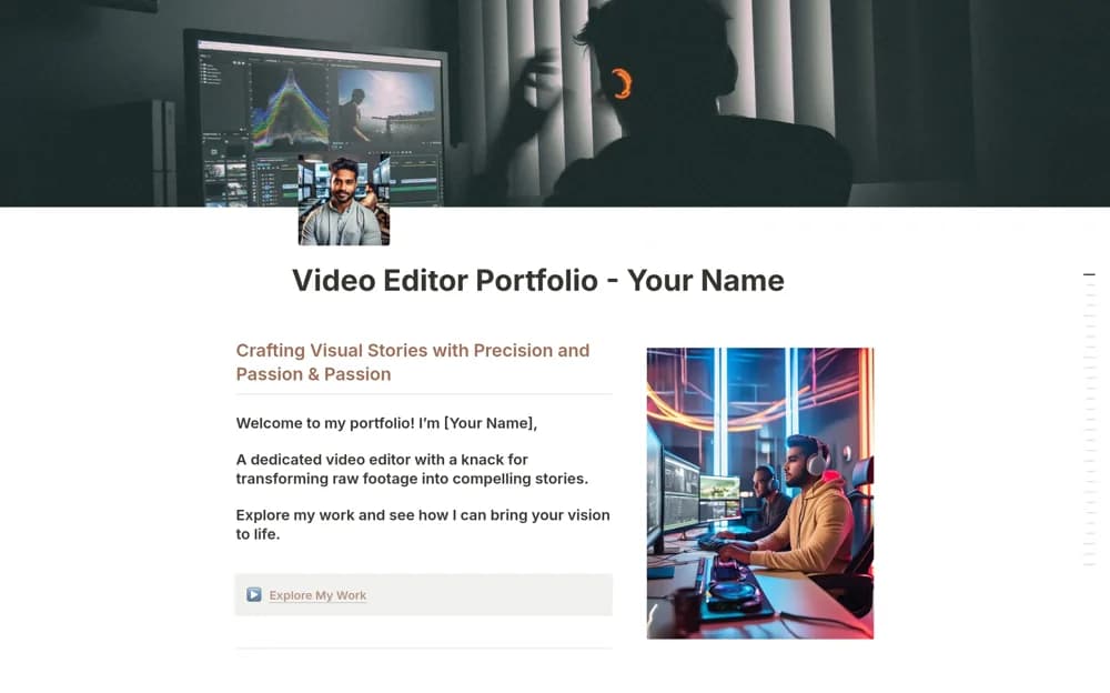 Video Editing Portfolio Notion template preview