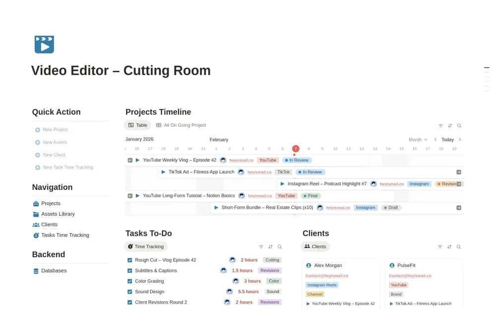 Video Editor OS — Cutting Room Workflow Notion template preview