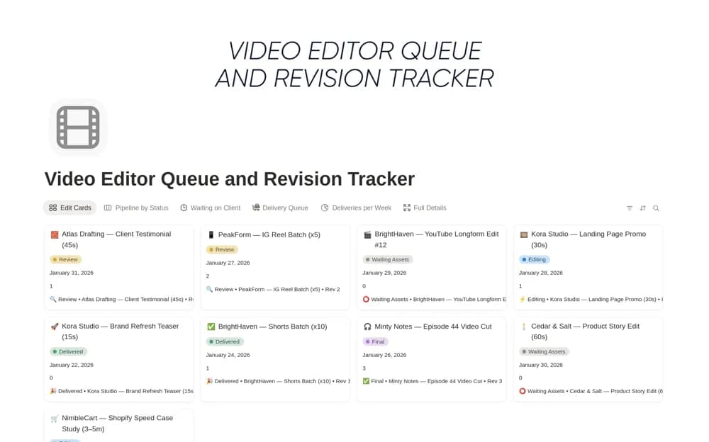 Video Editor Queue and Revision Tracker — preview from Notion Marketplace