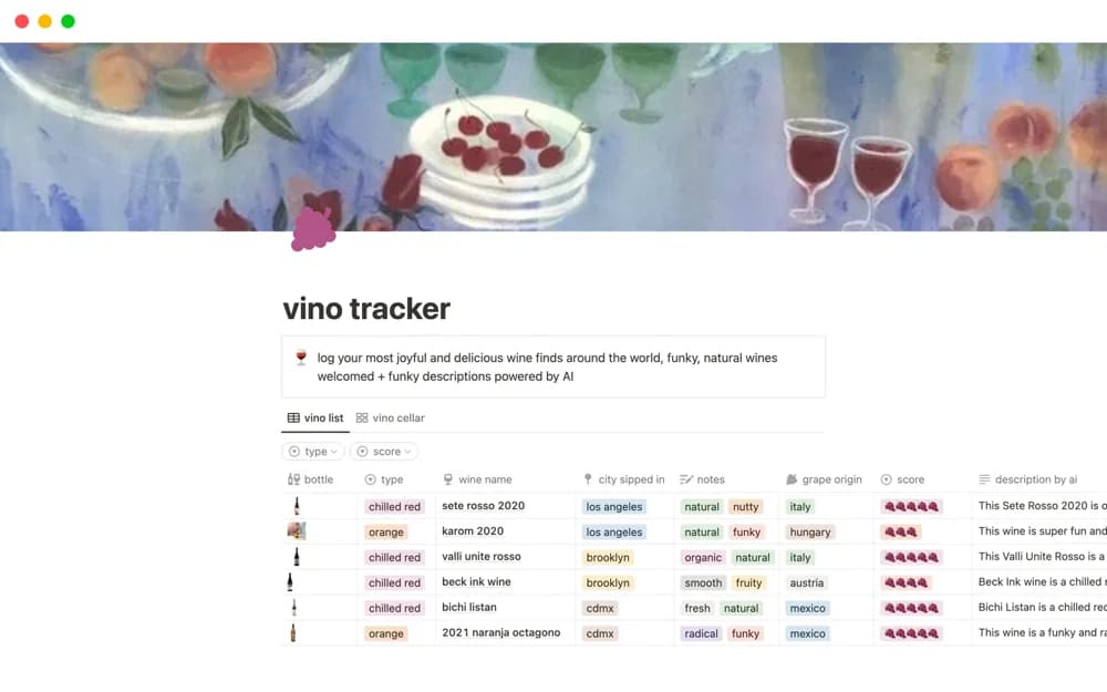 Vino (Wine) Log Notion template preview