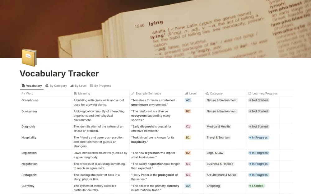 Vocabulary Tracker — preview from Notion Marketplace