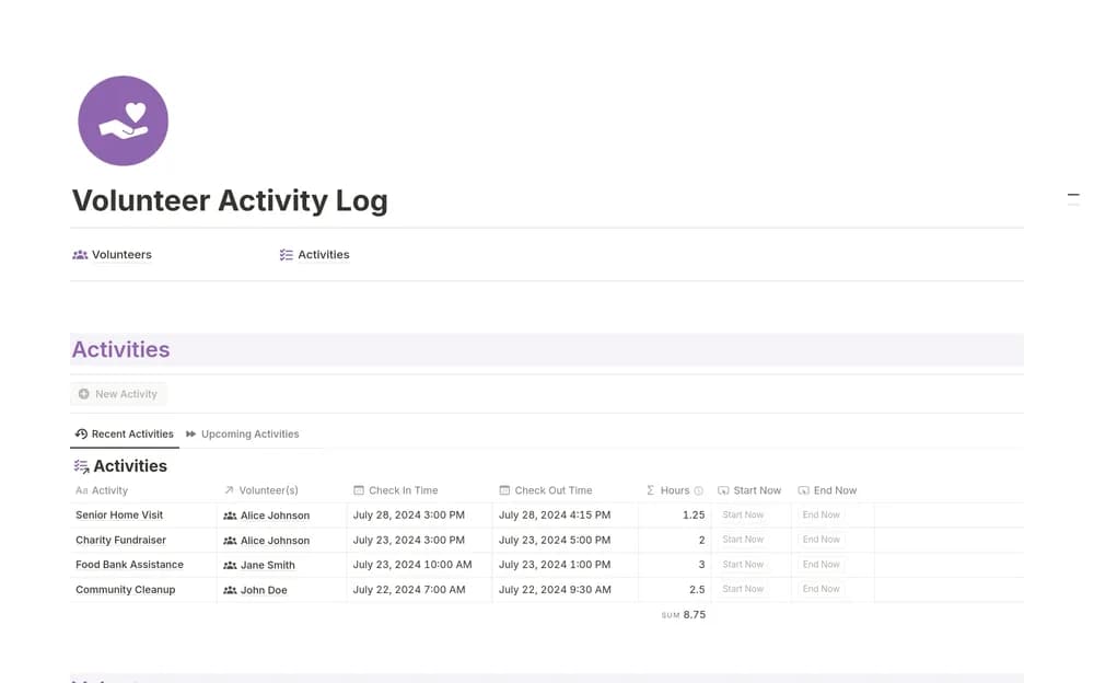 Volunteer Activity Log — preview from Notion Marketplace