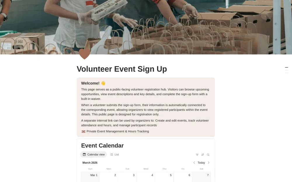 Volunteer Management: Events, Registration & Hours Notion template preview