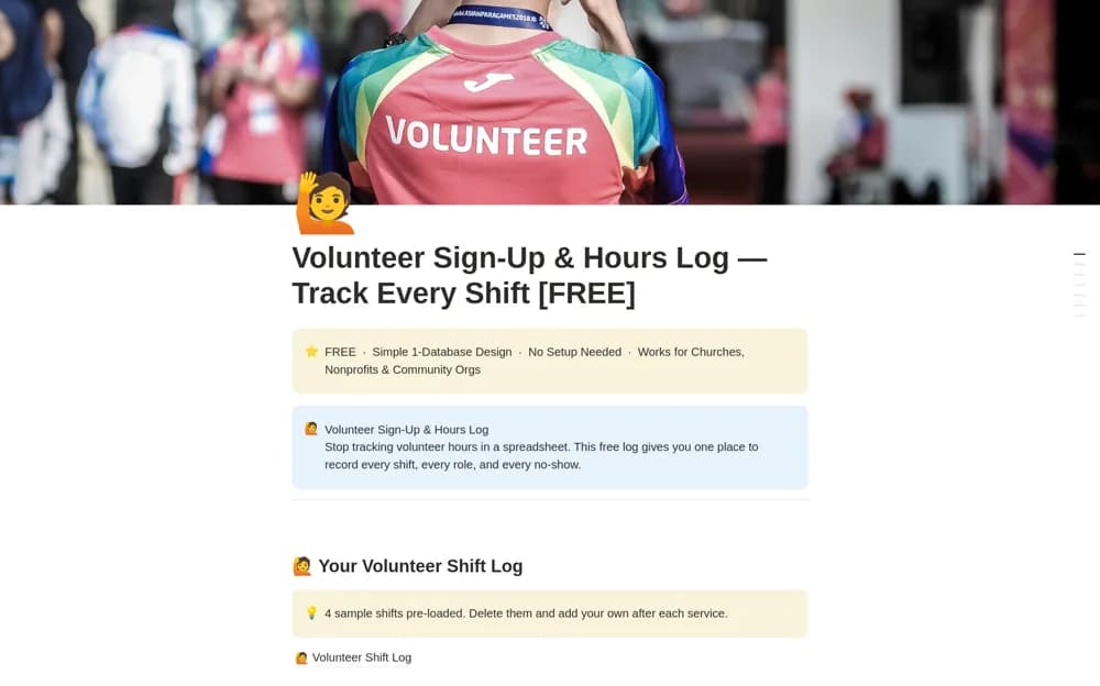 Volunteer Sign-Up & Hours Log — Track Every Shift Notion template preview
