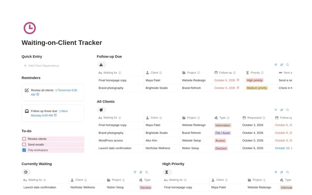Waiting-on-Client Tracker — preview from Notion Marketplace