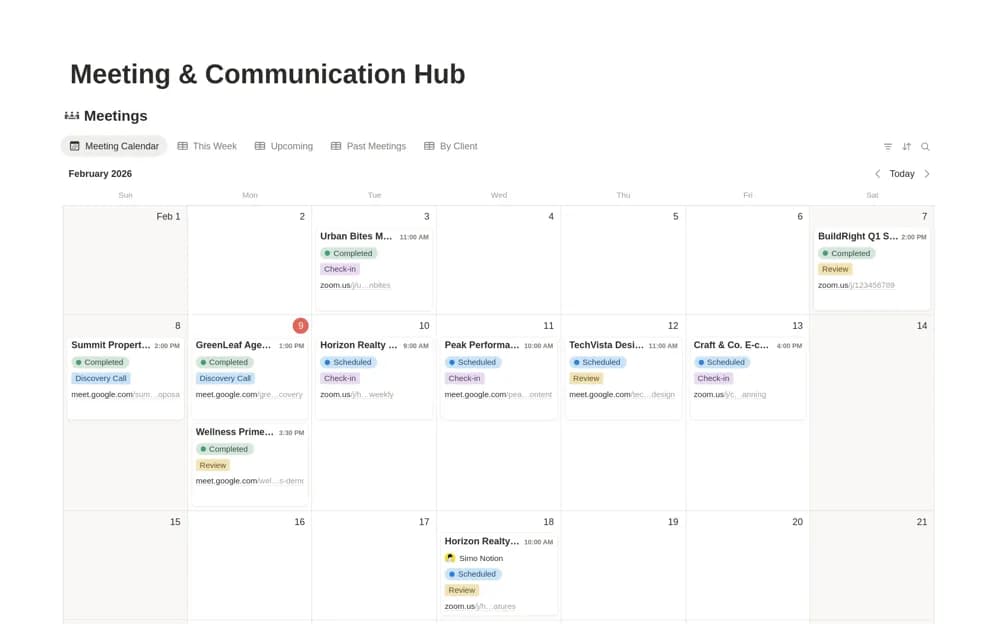 Web Agency Meeting & Communication Hub Notion template preview