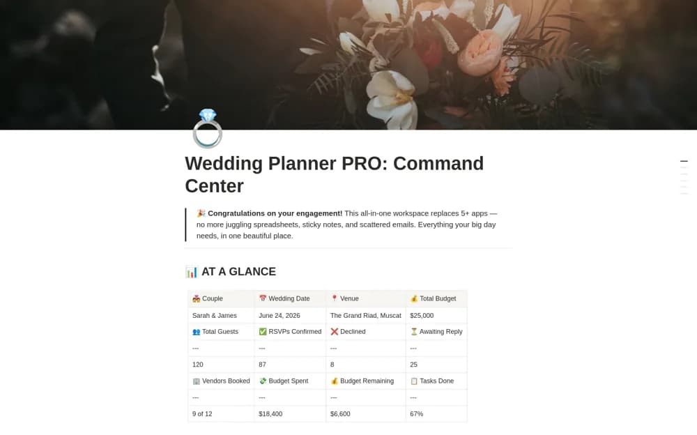 Wedding Planner: Command Center Notion template preview