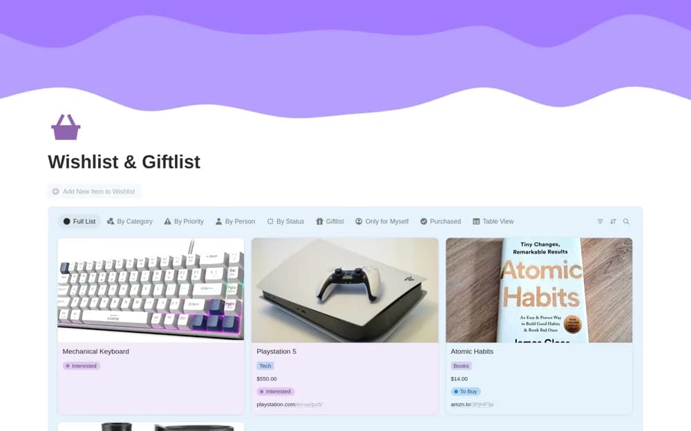 Wishlist & Giftlist Tracker — preview from Notion Marketplace