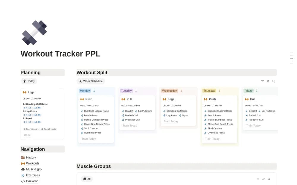 Workout Tracker PPL Notion template preview