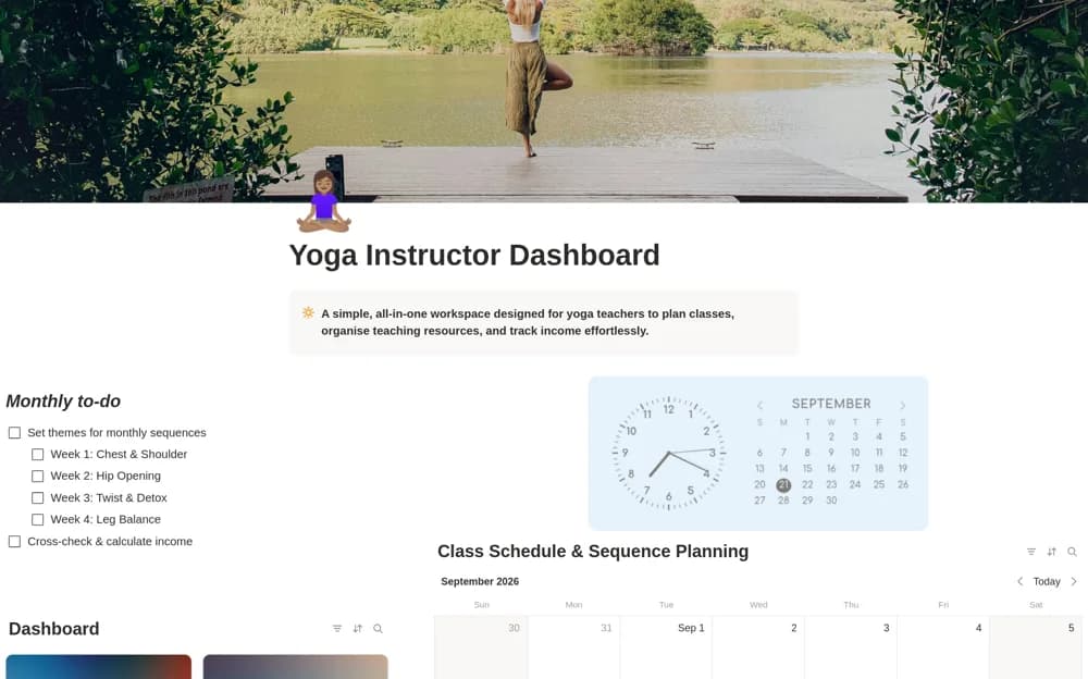 Yoga Instructor Dashboard — preview from Notion Marketplace