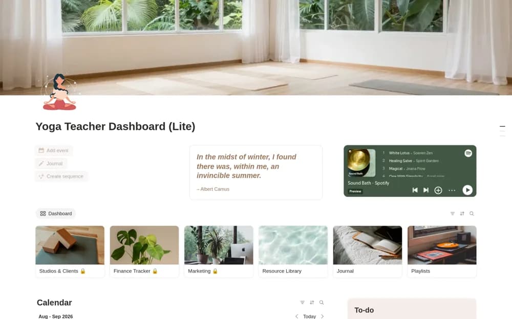 Yoga Teacher Dashboard (Lite) Notion template preview