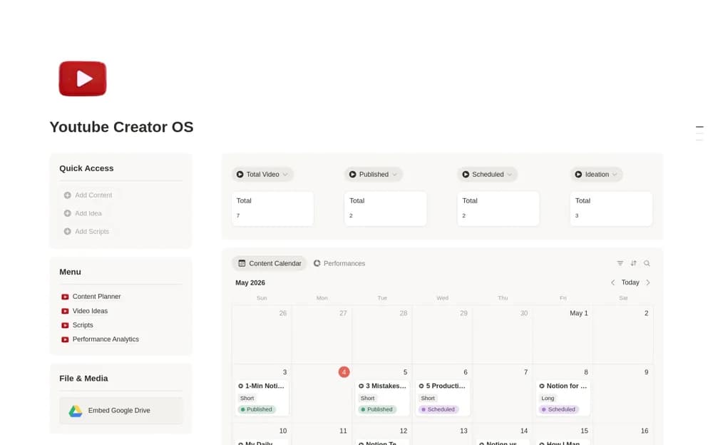 Youtube Creator OS Notion template preview