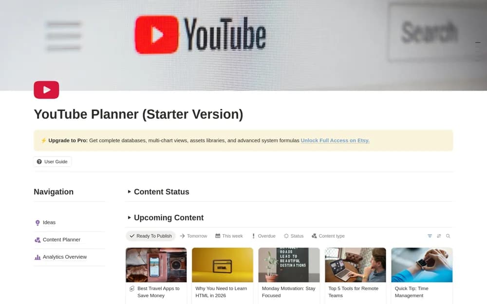 YouTube Content Planner: From Ideas to Planning Notion template preview