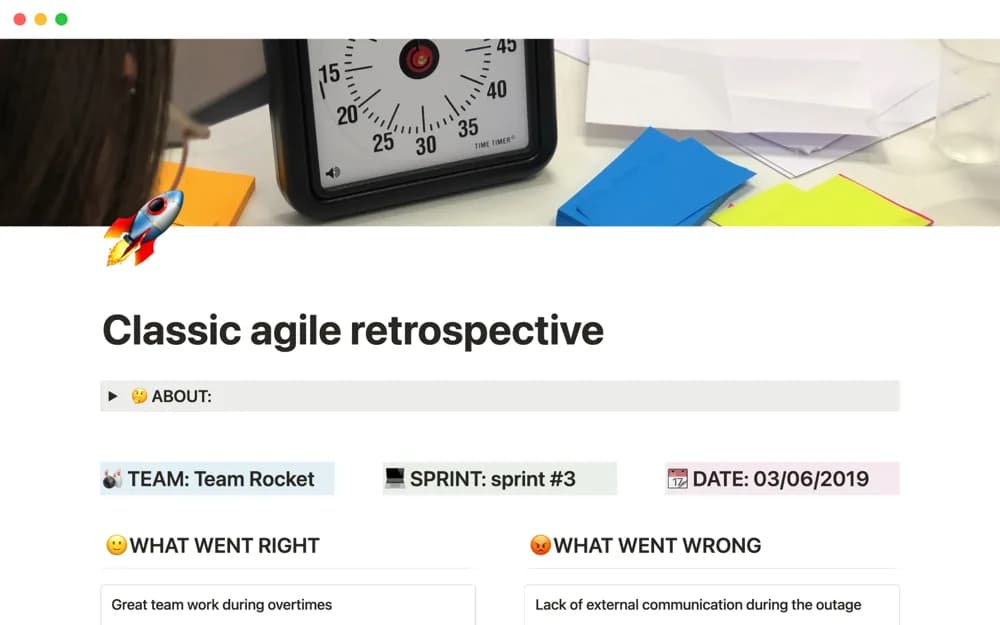 Agile retrospective — preview from Notion Marketplace
