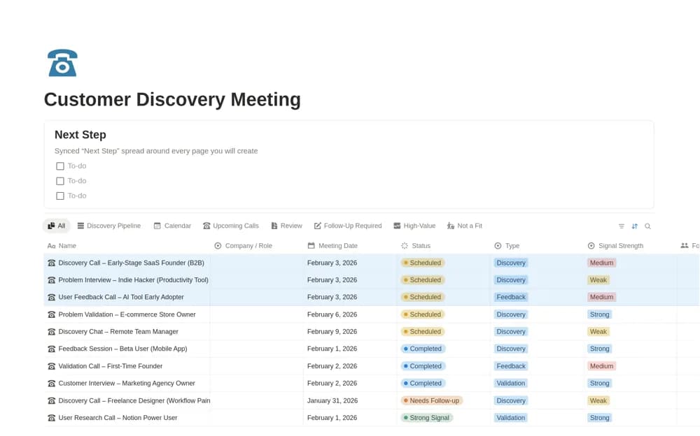 Customer Discovery Meeting Notes — preview from Notion Marketplace