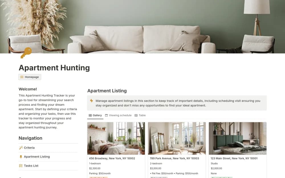 Apartment Hunting, House Hunting — preview from Notion Marketplace