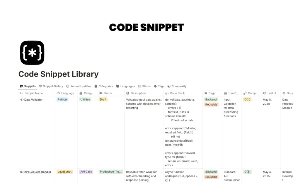 Code Snippet Library — preview from Notion Marketplace