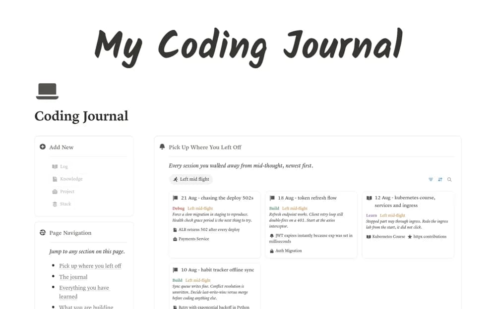 Coding Journal & Dev Knowledge Base for Engineers — preview from Notion Marketplace