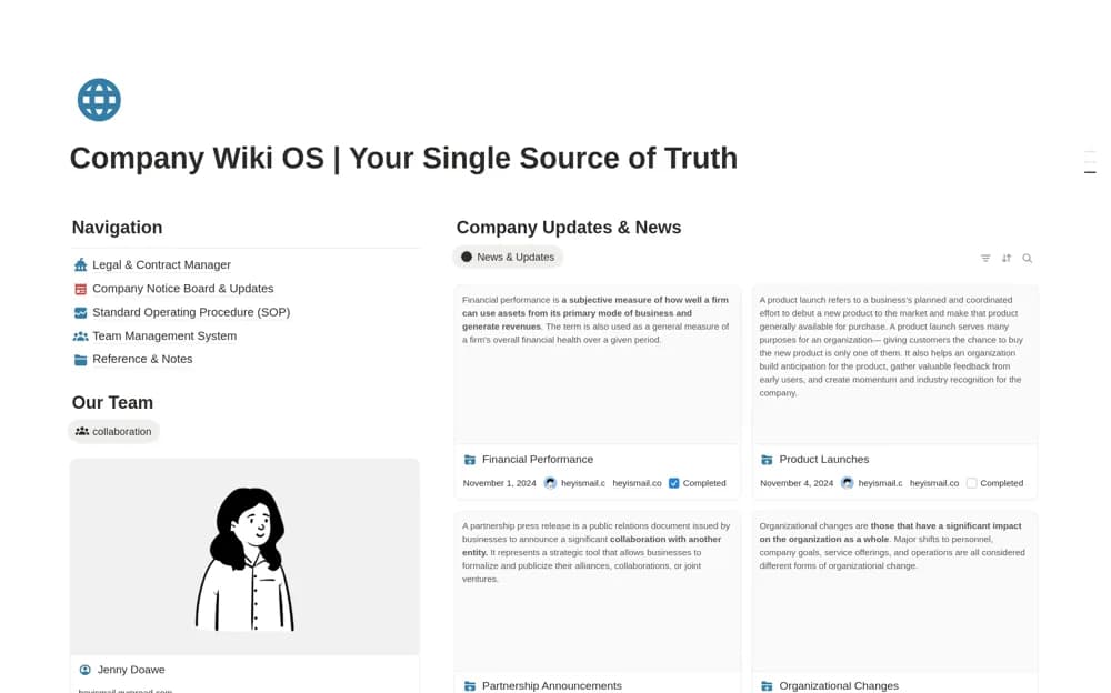 Company Wiki & Knowledge Base OS Notion template preview