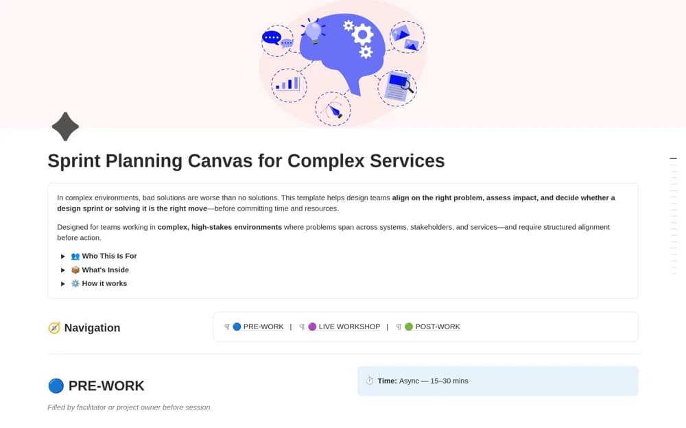 Design Sprint Planning Canvas for Complex Services — preview from Notion Marketplace