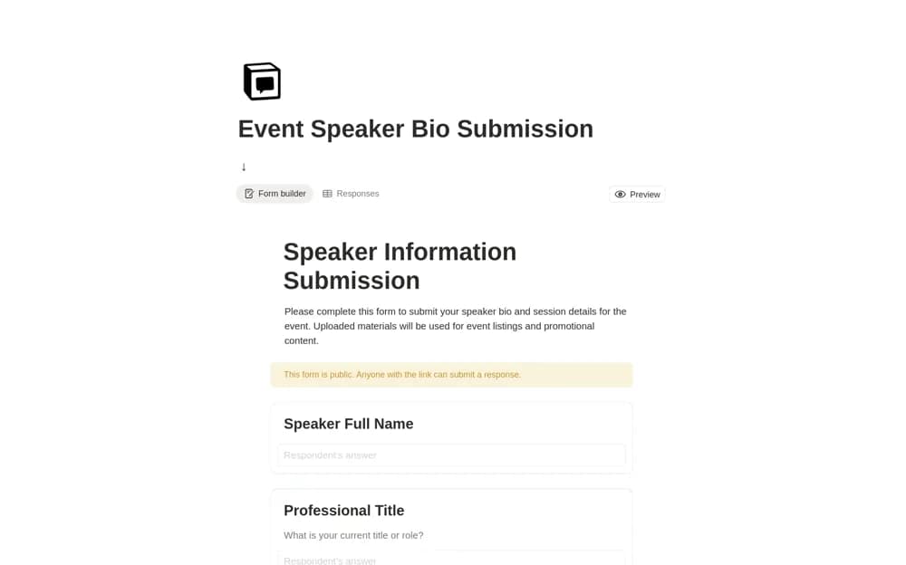 Event Speaker Bio Submission — preview from Notion Marketplace