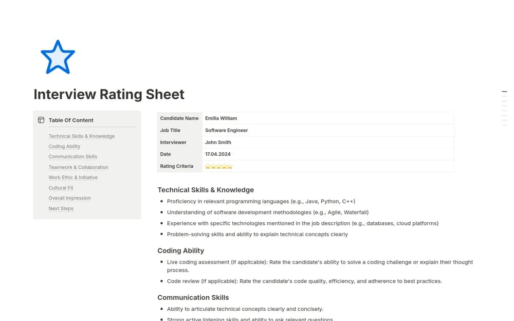 Interview Rating Sheet — preview from Notion Marketplace