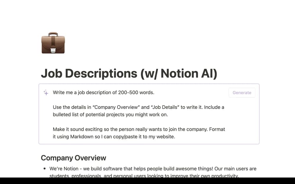 AI Job Description Writer — preview from Notion Marketplace