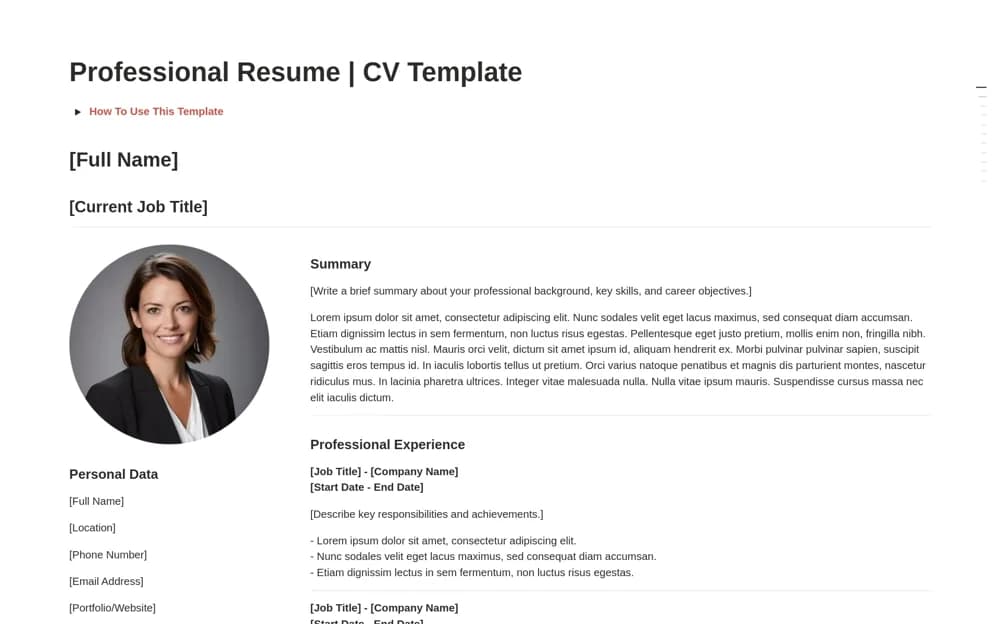 Professional Resume: Modern Editable CV — preview from Notion Marketplace