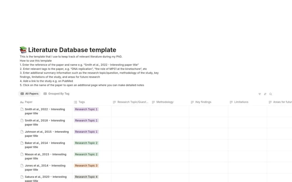 Research Paper Database Notion template preview
