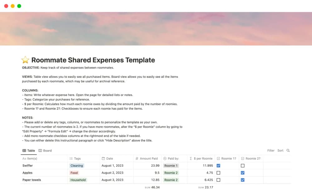 Roommate Shared Expenses — preview from Notion Marketplace