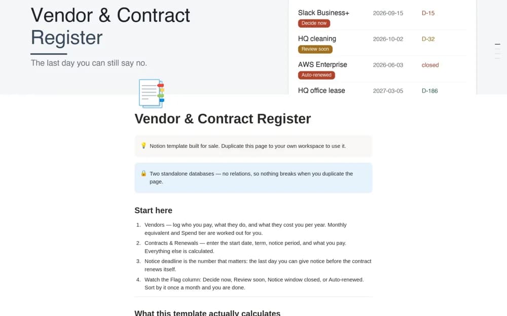 Vendor & Contract Register — preview from Notion Marketplace