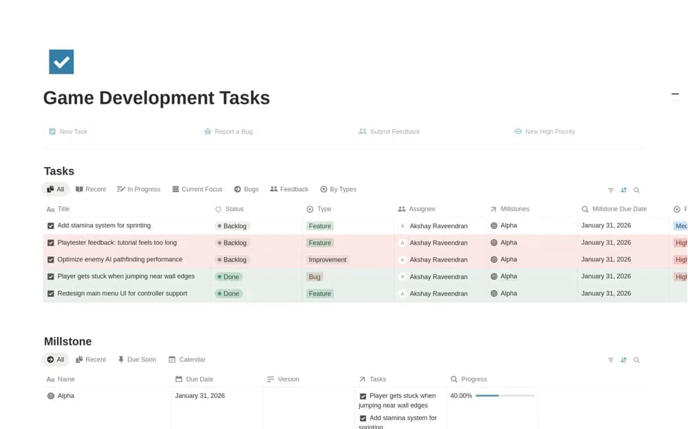 Video Game Development Task Manager — preview from Notion Marketplace