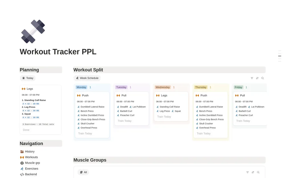 Workout Tracker PPL — Notion Template | NotioNinja